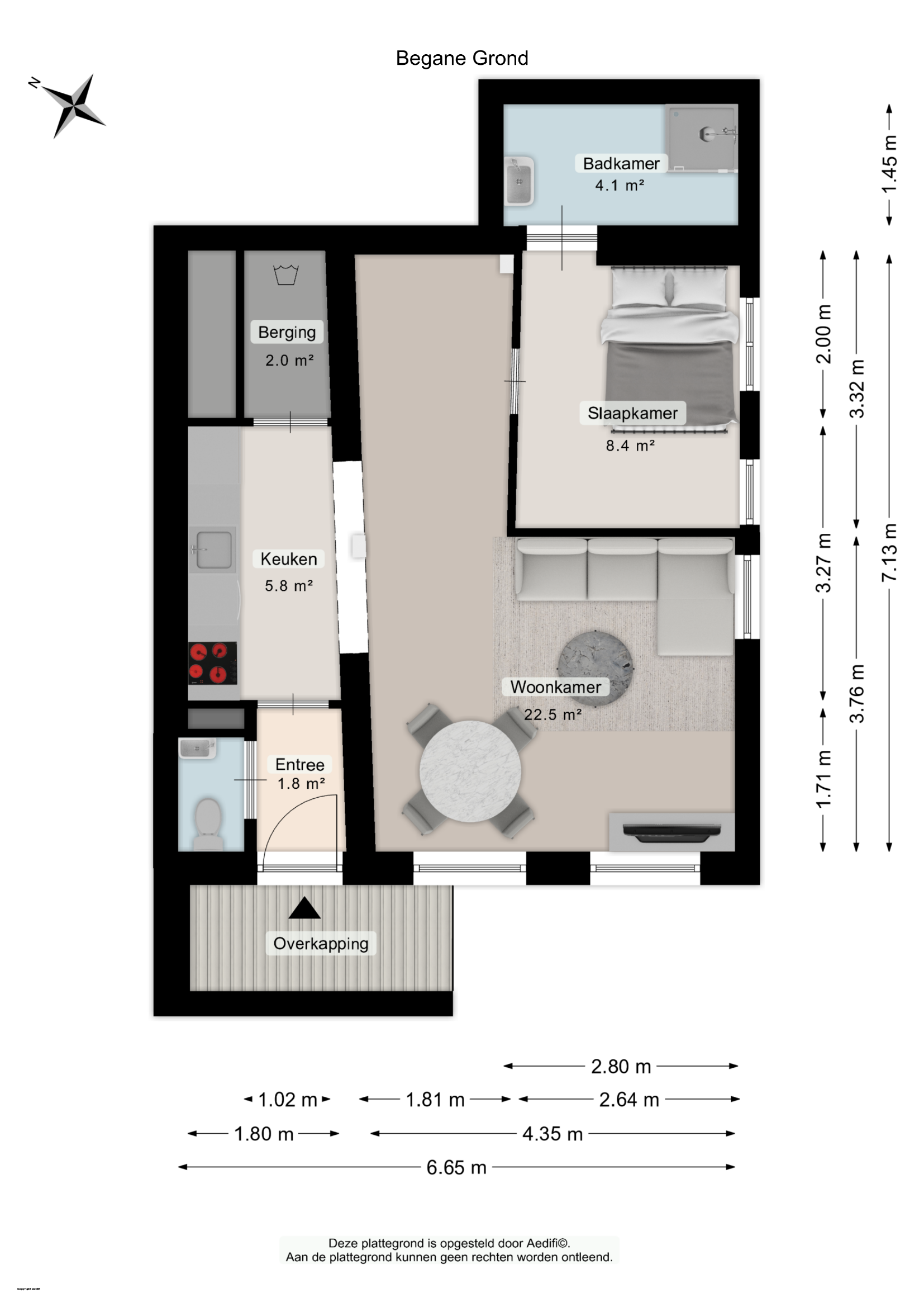 Plattegrond van Nieuwe Boteringestraat 21-B met woonkamer, keuken, slaapkamer, badkamer, entree, berging en overkapping