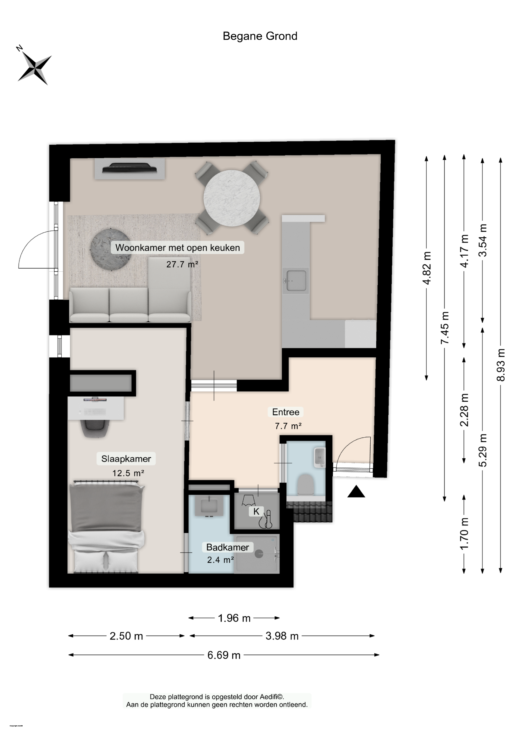Floor plan of Nieuwe Boteringestraat 23-C on the ground floor with living room, open kitchen, bedroom, bathroom, toilet, and entrance