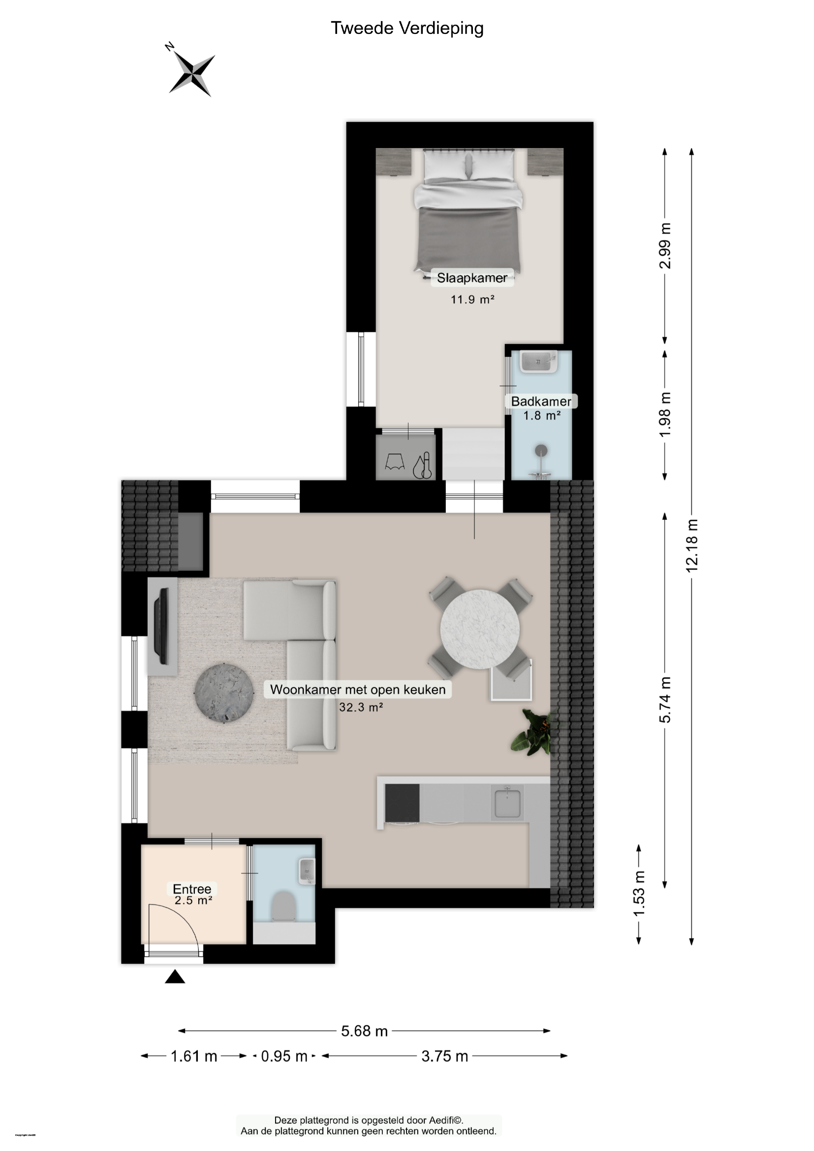 Plattegrond van Nieuwe Boteringestraat 23-F op de tweede verdieping met woonkamer, open keuken, slaapkamer, badkamer, toilet en entree